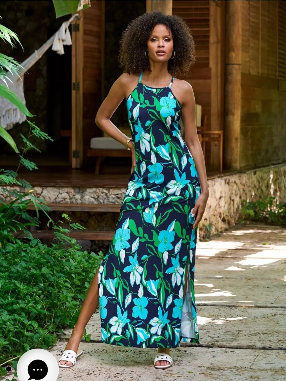 Boston Proper Blue Tropical Floral Halter Maxi Dress NWT Size Large